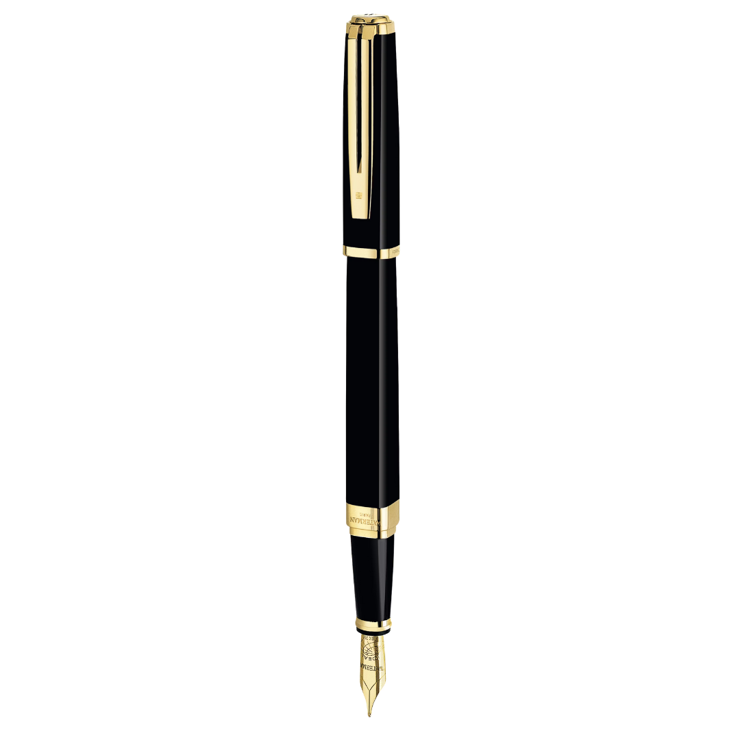 Waterman Exception Fountain Pen Medium Nib Blue Ink Gift Box - Black Lacque Silver Trim - NS0637020