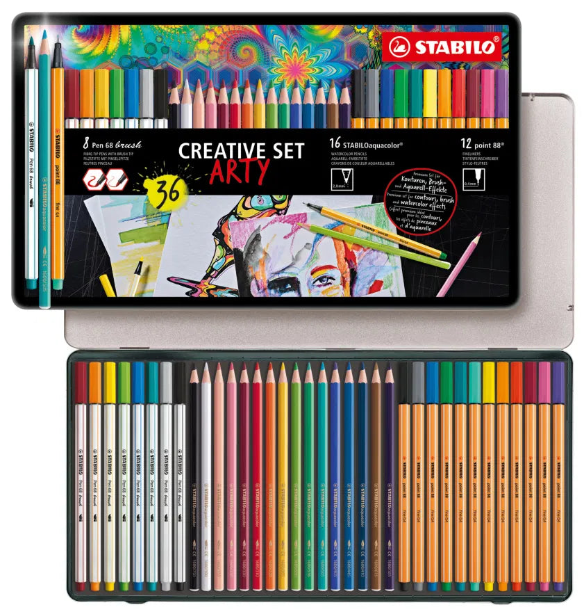 Stabilo Arty CREATIVE SET Metal Box of 36 (8 Pen 68, 16 Aquacolor, 12 Point 88)
