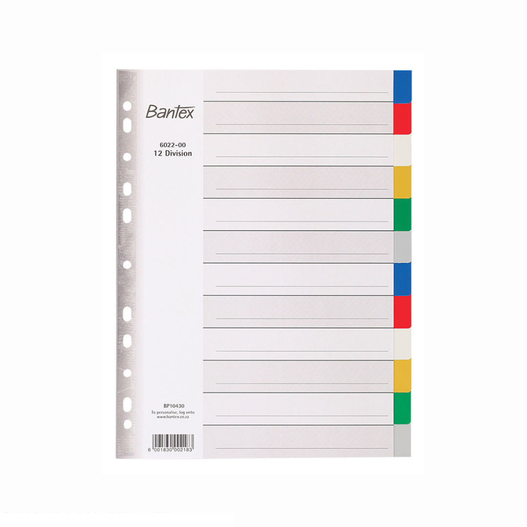 Bantex A4, 12 division PP Multi-coloured PP Divider - B602200000