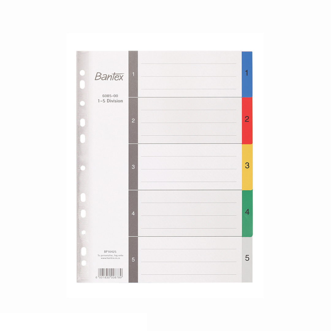 Bantex A4, 1-5 division PP Multi-coloured PP Divider - B608500000