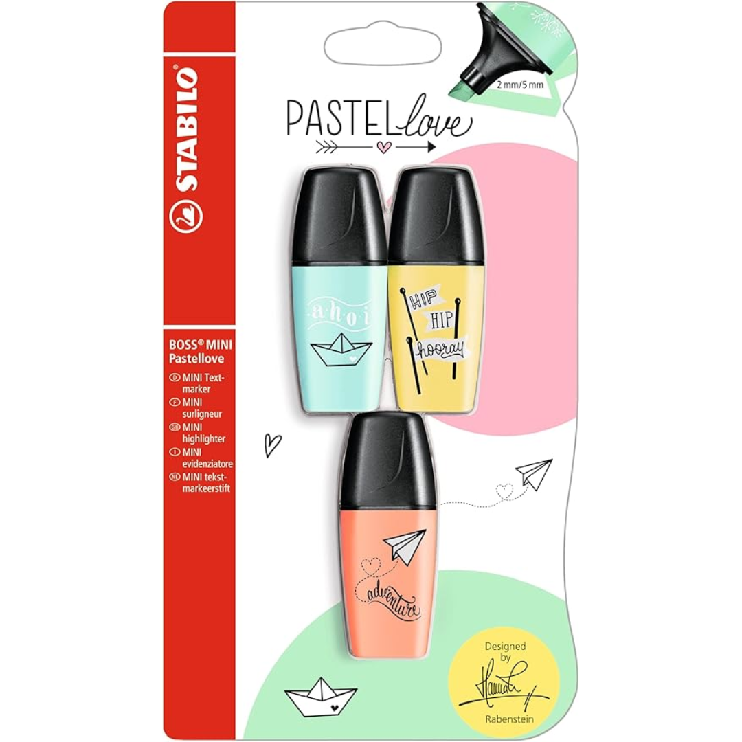 Stabilo BOSS Mini Pastellove Highlighter: Pastel Assorted (Yellow, Peach, Turquoise) Card 3's - B-51456-10