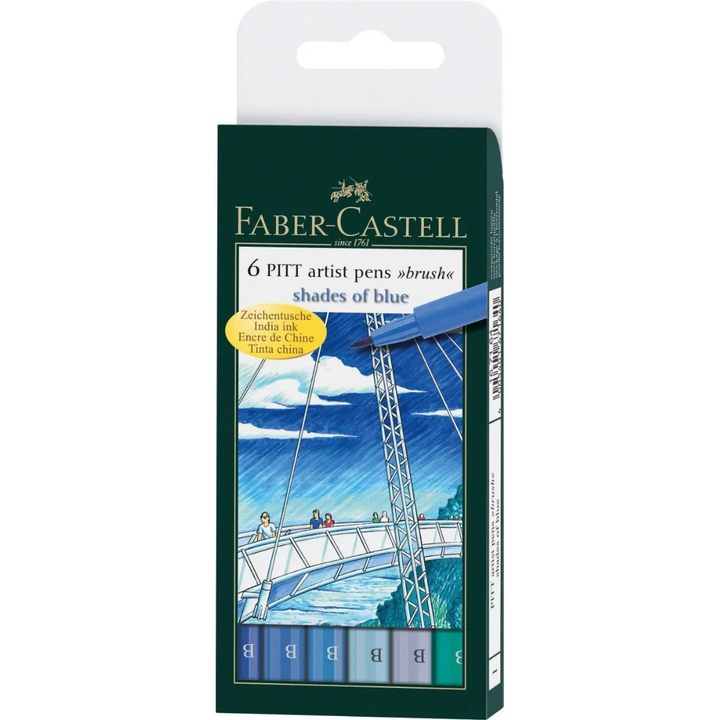 Faber-Castell Pitt Artist India Ink Pen B Blue Wallet Of 6 - A167164