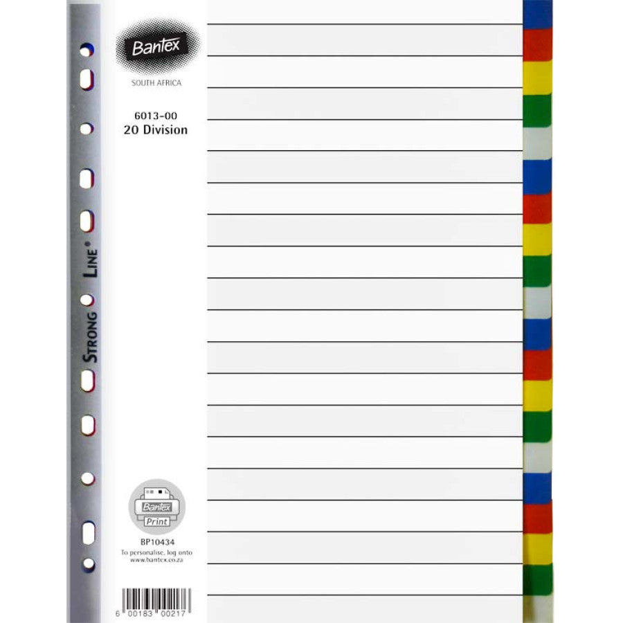Bantex A4, 20 division PP Multi-coloured PP Divider - B601300000