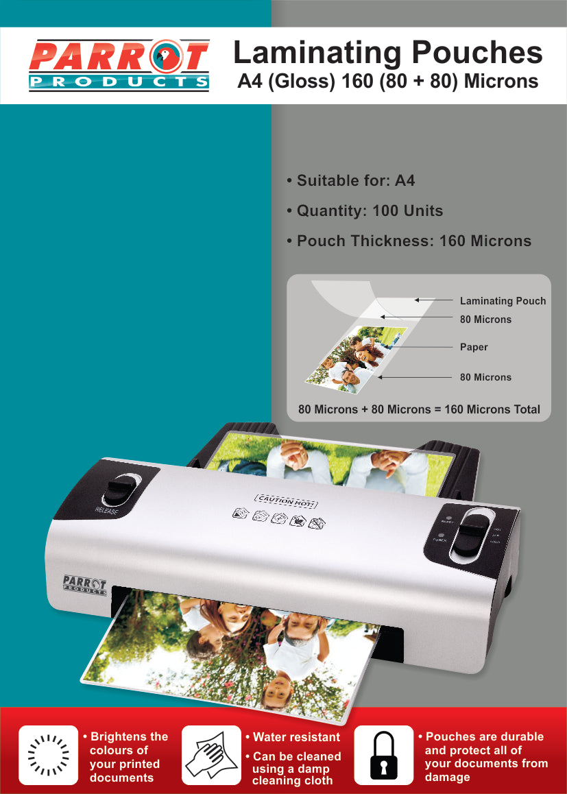 Parrot Laminating Pouches (A4 - Gloss - 220x310mm - 160 (80+80) Microns - Box 100) - LFA480
