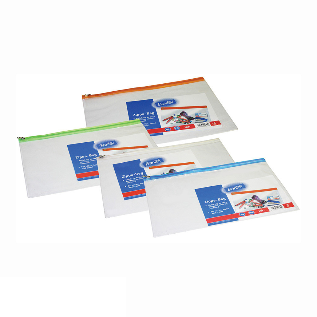 Bantex A4 PVC Zippa Bags With Assorted Coloured Zippers - B207100000