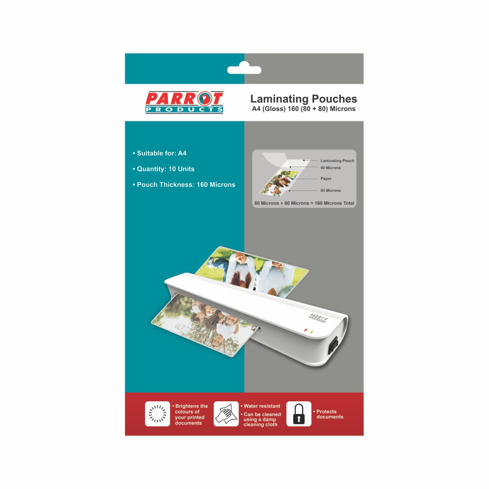 Parrot Laminating Pouches (A4 - Gloss - 220x310mm - 160 (80+80) Microns - Pack 10)- LFA480/10