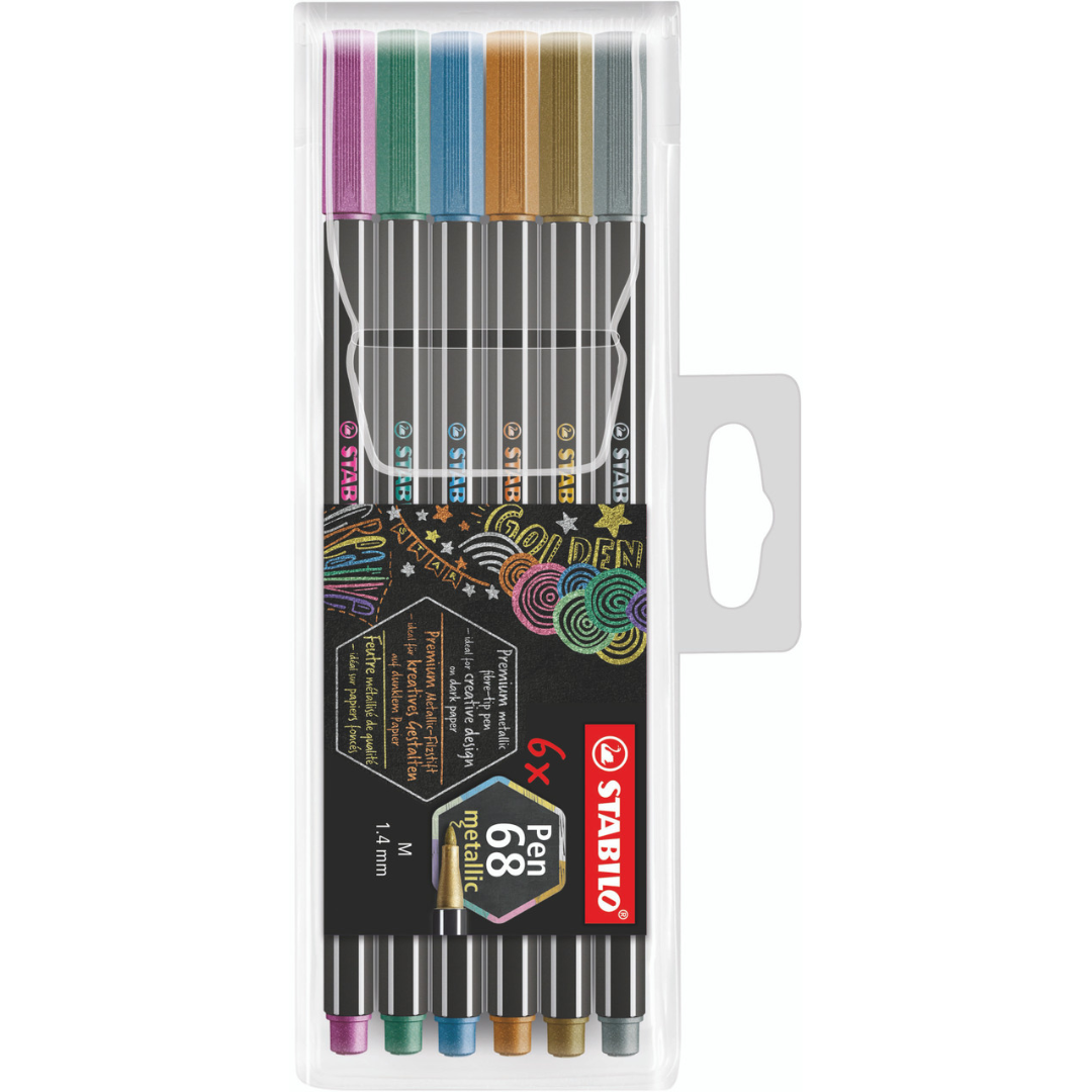 Stabilo Pen 68 Fibre-tip Pen: Metallic Assorted Wallet 6's (silver, gold, copper, blue, green, pink) -