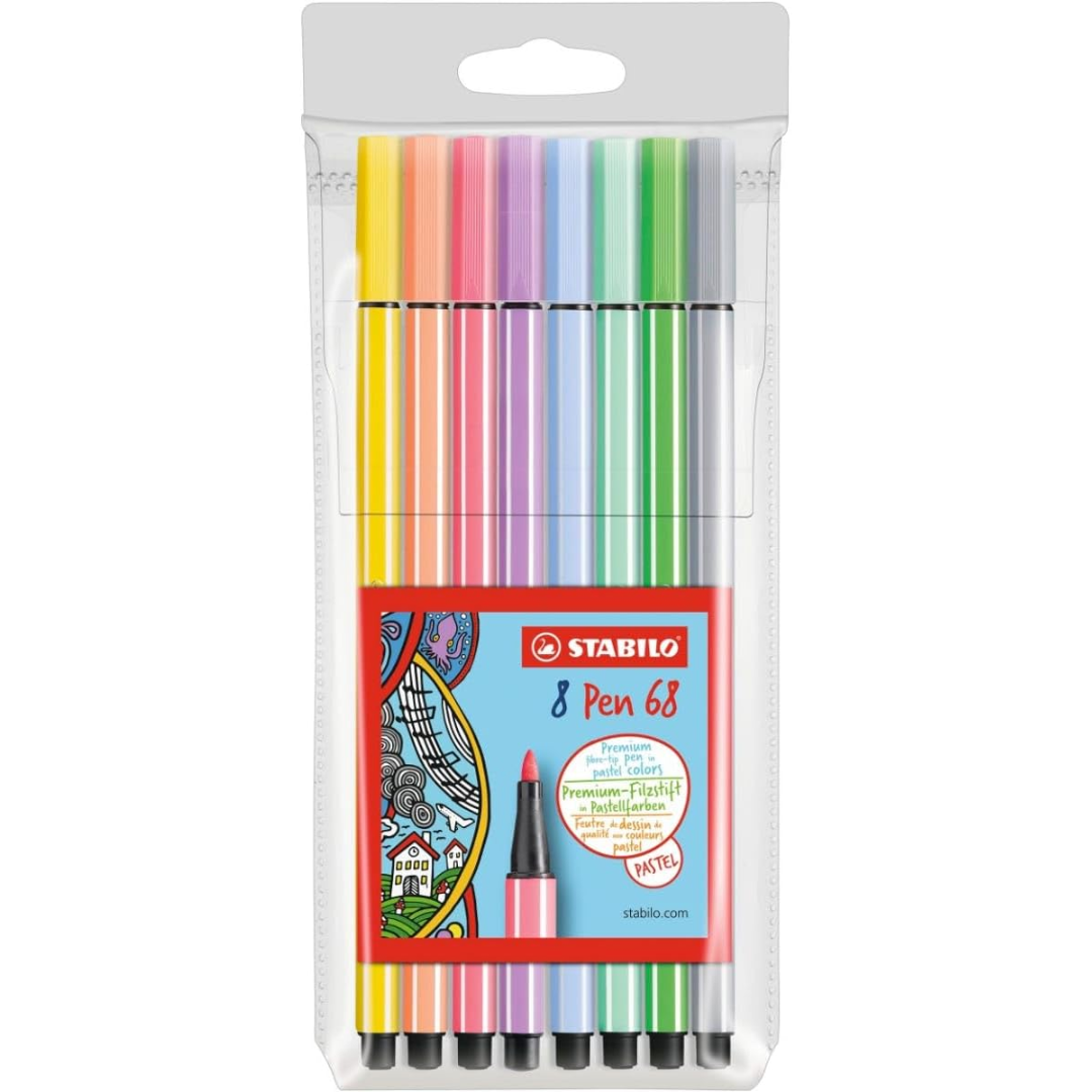 Stabilo Pen 68 Fibre-tip Pen: Pastel Assorted Wallet 8's