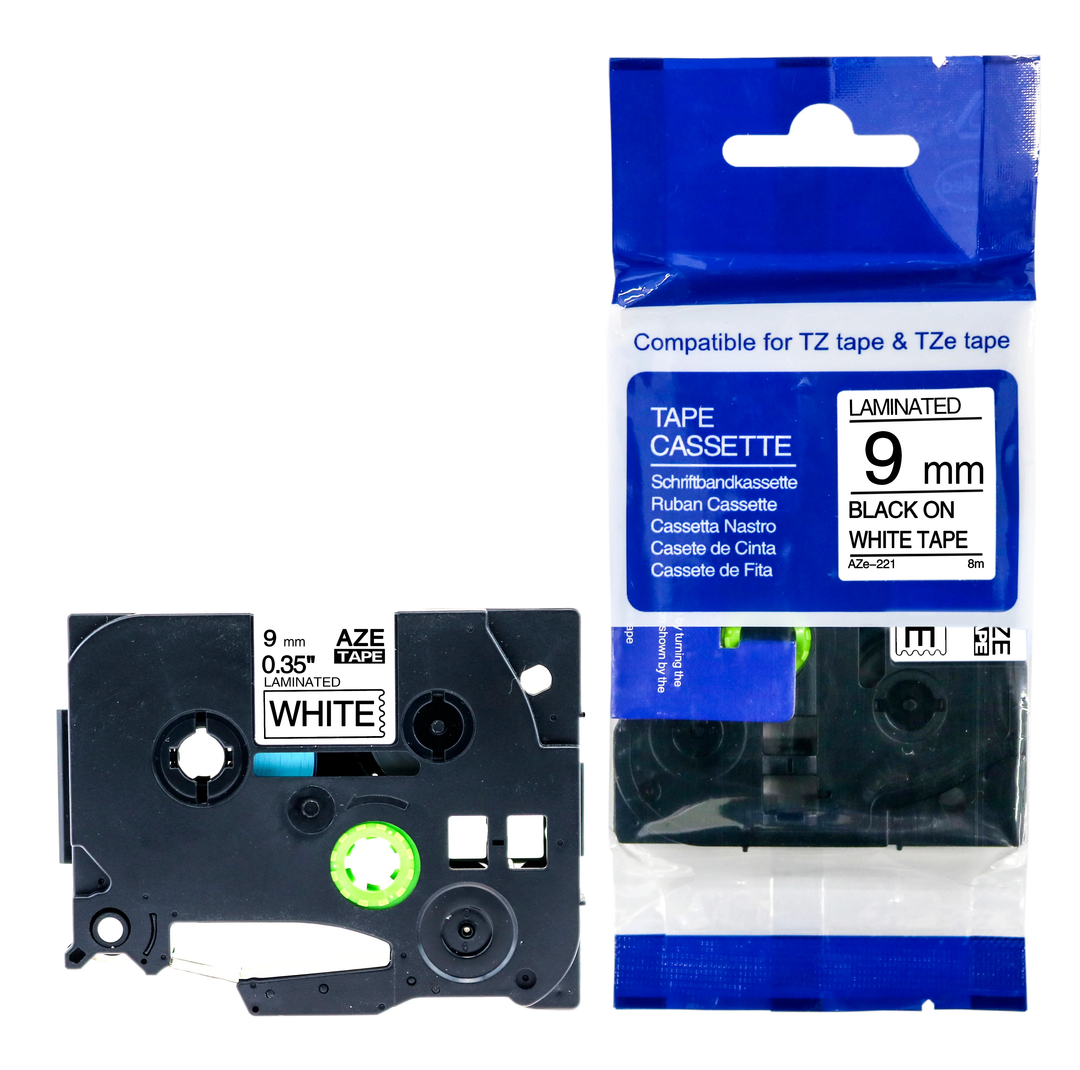 Brother Compatible AZe-211 Black On White Tape 9mm x 8m - BRAZ221