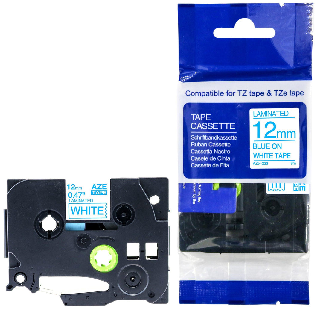 Brother Compatible AZe-233 Blue On White Tape 12mm x 8m