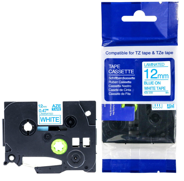 Brother Compatible AZe-233 Blue On White Tape 12mm x 8m