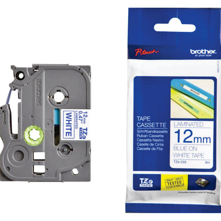 Brother TZe-233 Labelling Tape 12mm Blue On White Tape - BRTZ233