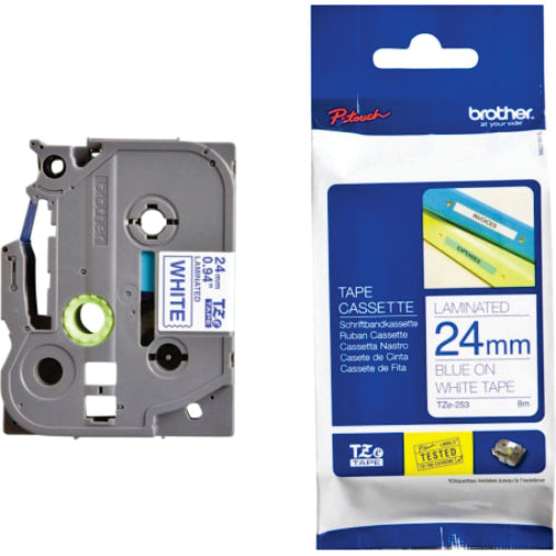 Brother TZe-253 Labelling Tape 24mm Blue On White Tape - BRTZ253
