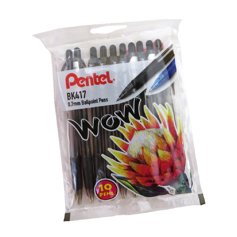 Pentel WOW Retractable B/Point Black Pen 0.7mm Pouch of 10 - PTLK417AX10