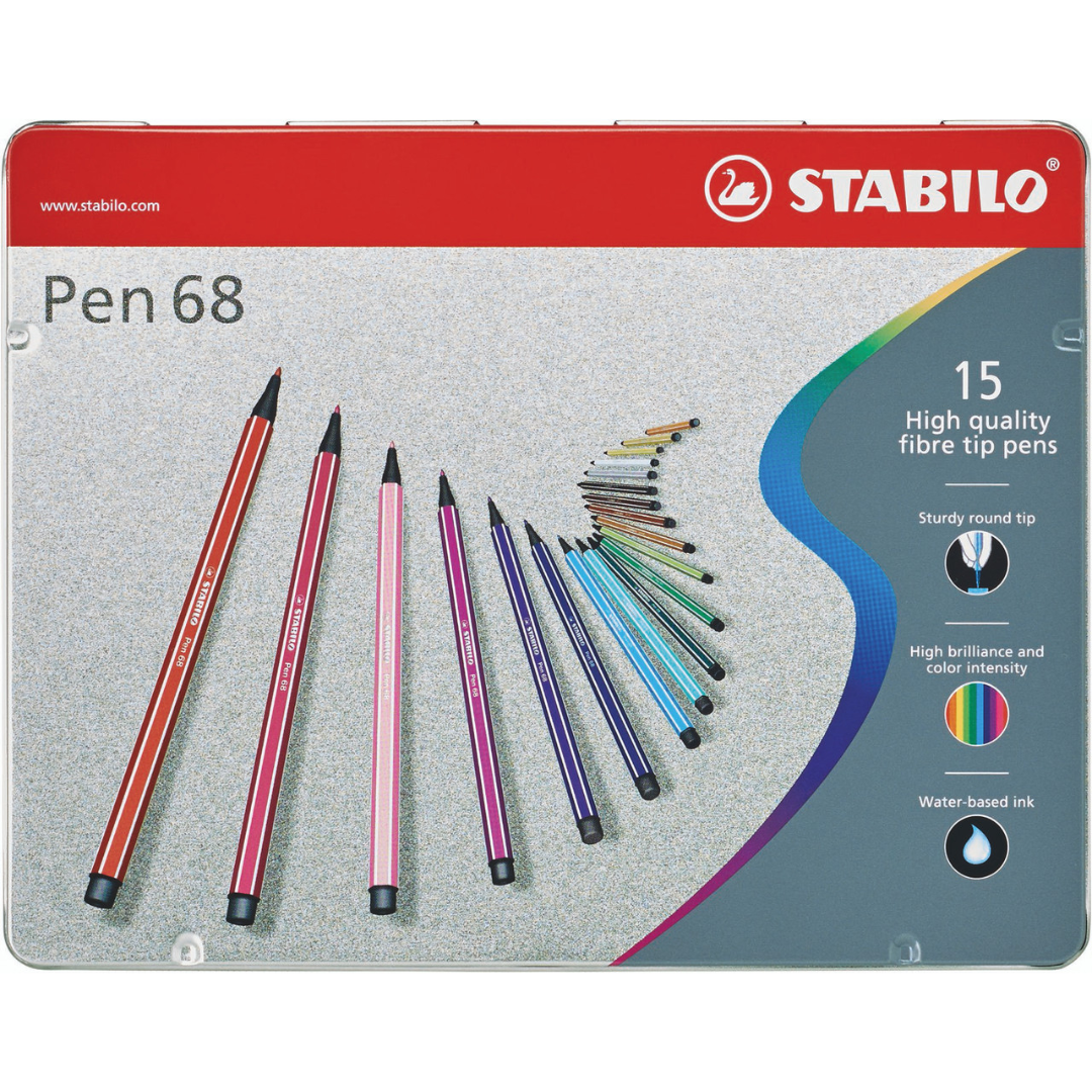 Stabilo Pen 68 Fibre-tip Pen Assorted Metal Box 15's - 6815-6