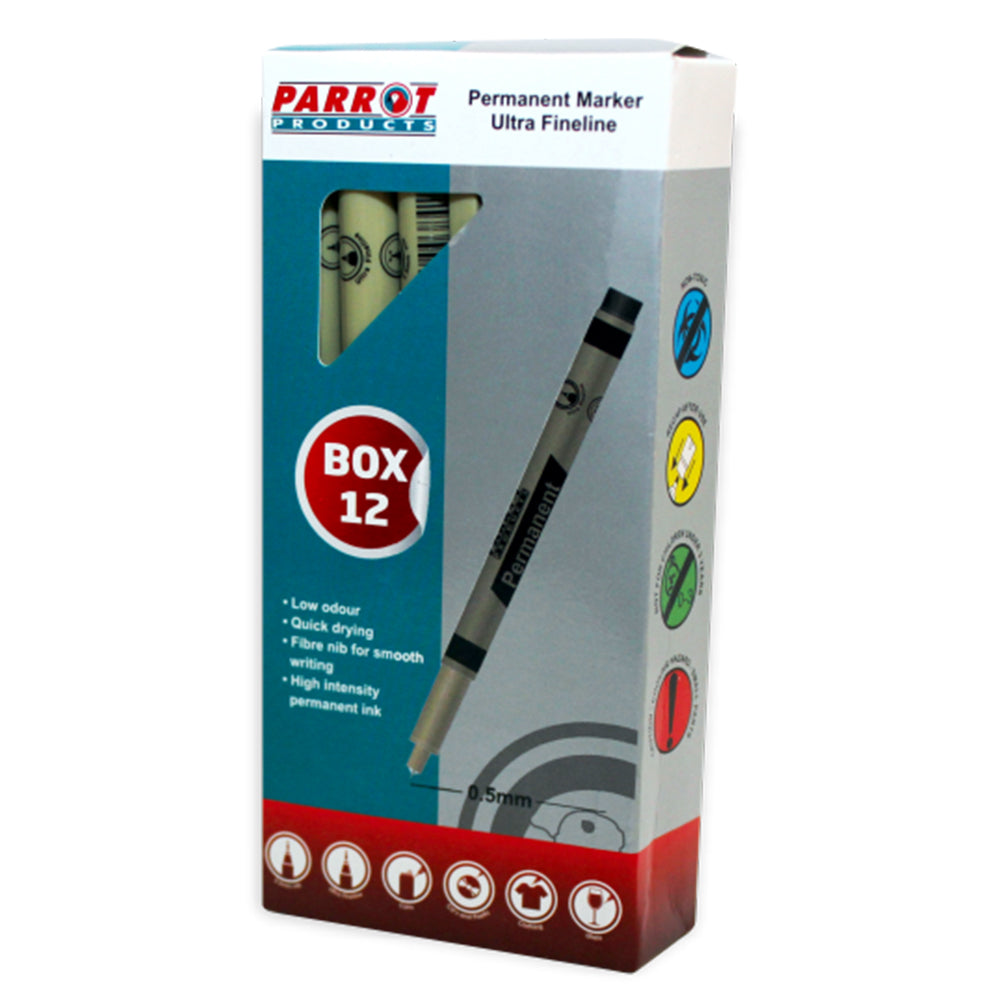 Parrot Ultra Fineliner Permanent Markers (Box of 12 - Black)  - PP2001B