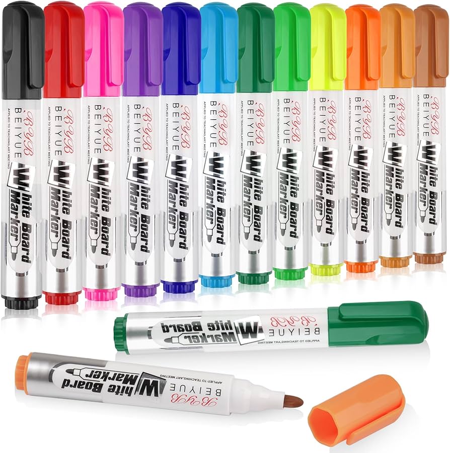 12 Colouring Dry Erase Marker Pens Easy Whiteboard Wipe Clean - MAR 00018