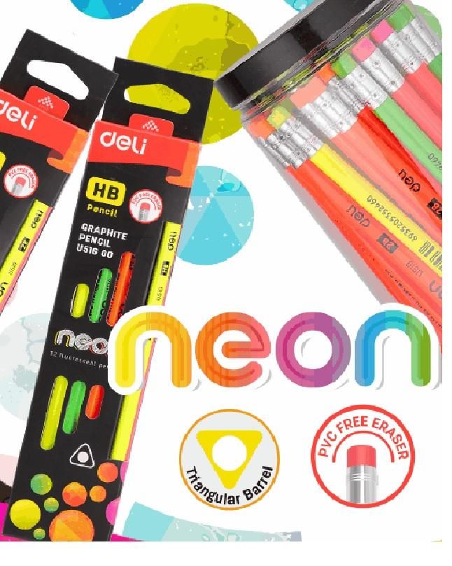 Deli Neon HB Pencil with Eraser (U51600) - 0