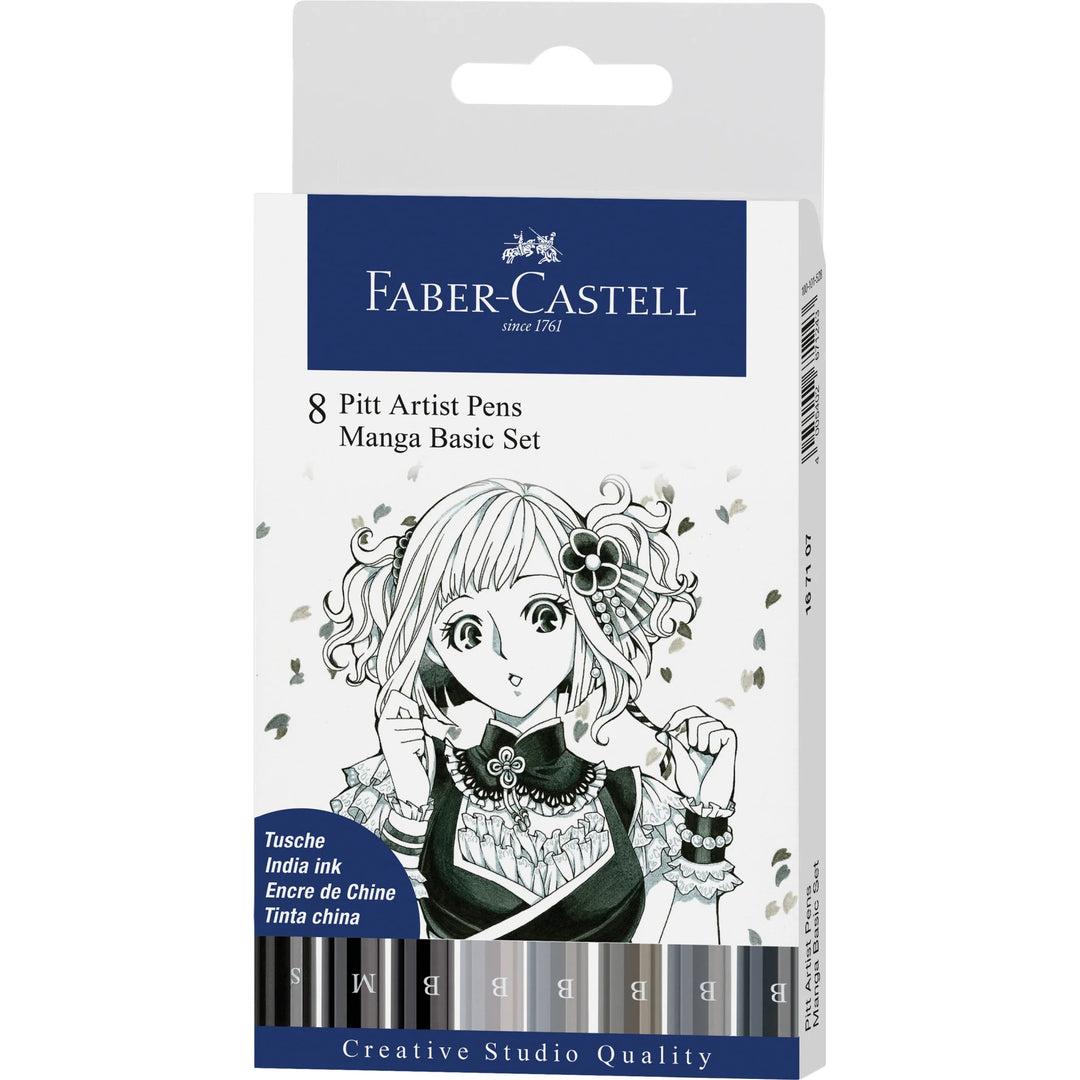 Faber-Castell Pitt Artist Pen India Ink Pen, Manga Basic Set Wallet Of 8 - A167107
