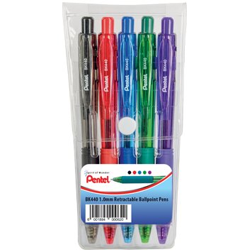 Pentel Retractable Ballpoint Pen Ball Soft Grip Wallet Of 5 0.1mm - BK440-5W