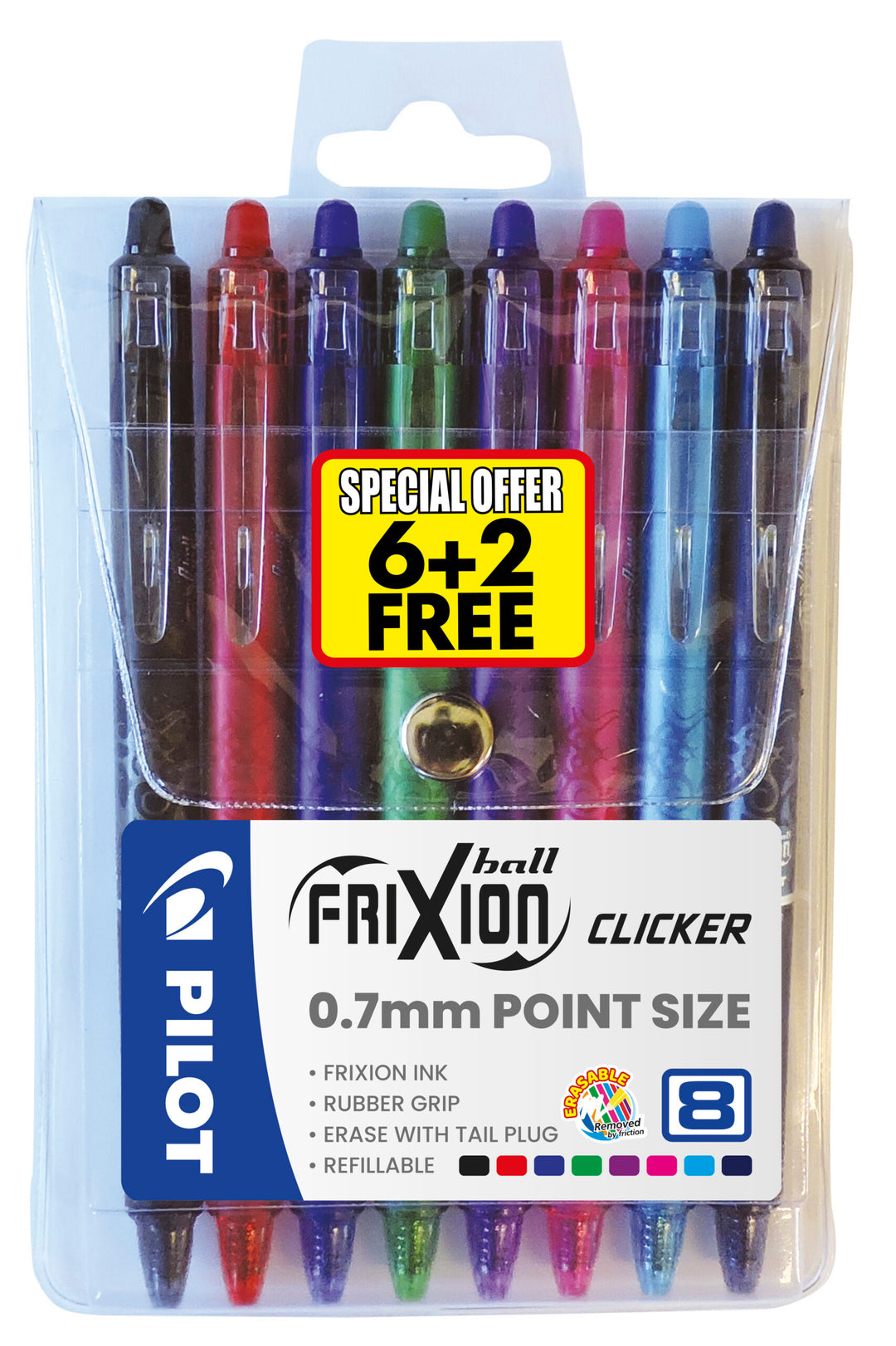 Pilot Frixion Clicker 0.7 Wallet of 8 (6+2 free) - BLRT-FR7-W8-6+2