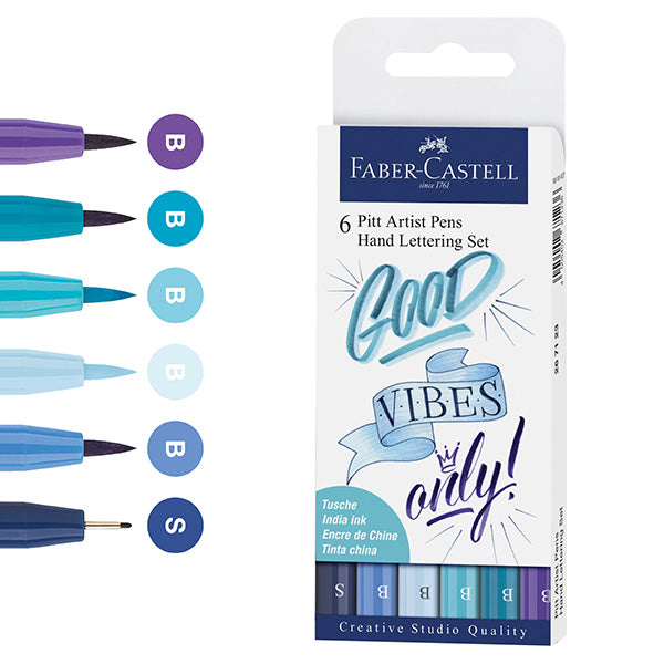 Faber-Castell Pitt Artist Pen India Ink Pen, Set Of Lettering, Good Vibes Blue - A267123