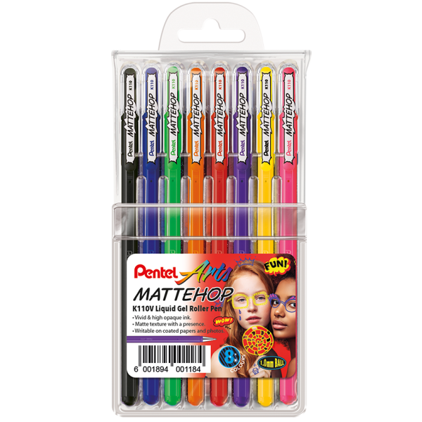 Pentel Mattehop Liquid Gel Roller Pen Wallet Of 8 - K110-V8