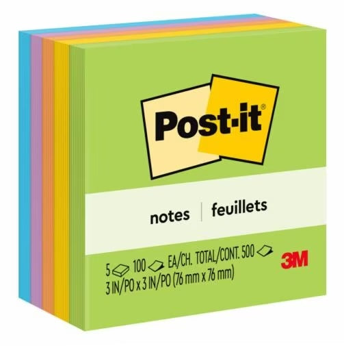 Post-it? Notes, Assorted Colours, 76 mm x 76 mm, 90 Sheets/Pad, 5 Pads/Pack