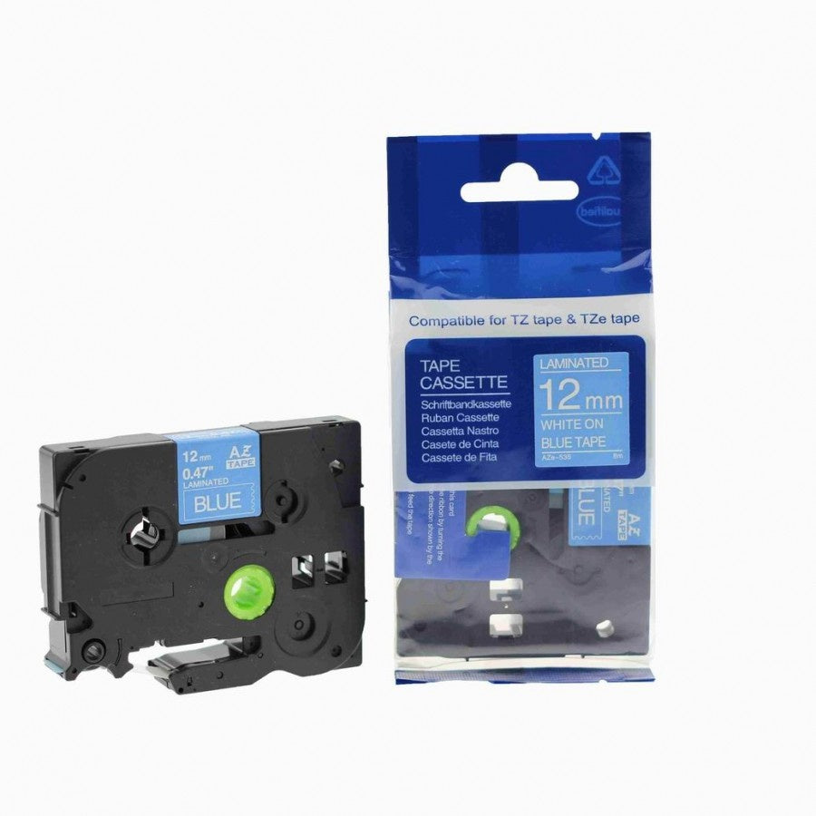 Brother Compatible AZe-535 White On Blue Tape 12mm x 8m